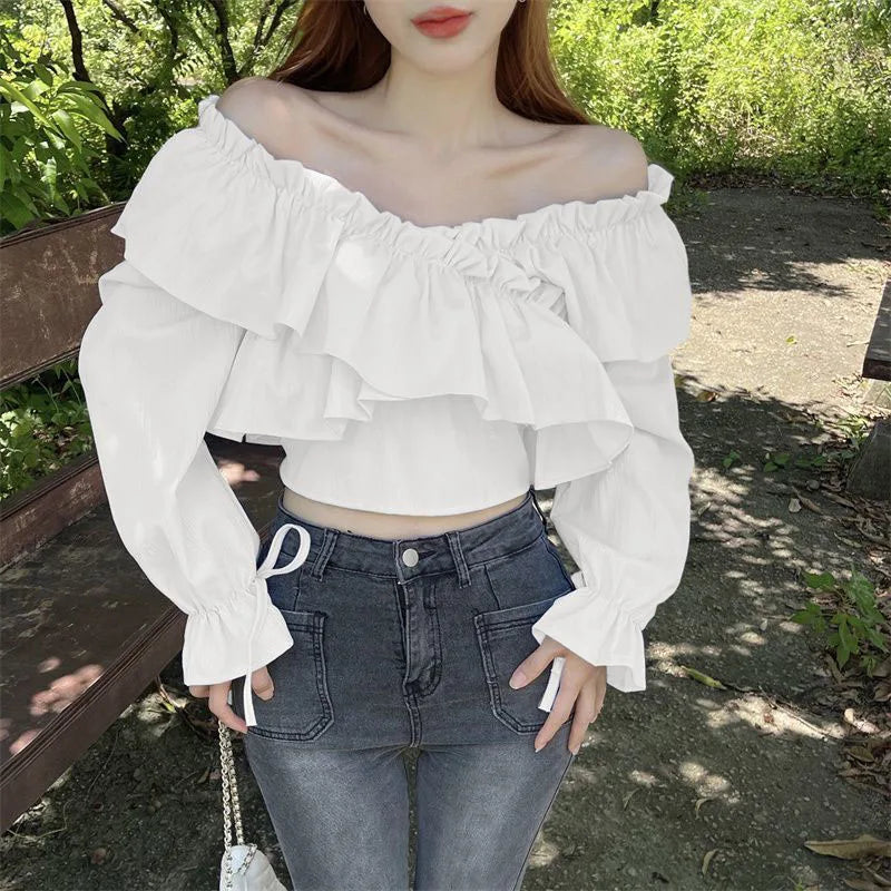 Ruffles Patchwork V-Neck Crop Tops Blouse  with Long Sleeve