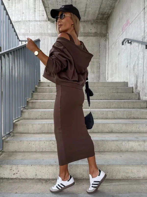 Sporty Slim Fit V-Neck Hooded Sweater Long Dress with Short Top- 2 Prices Set