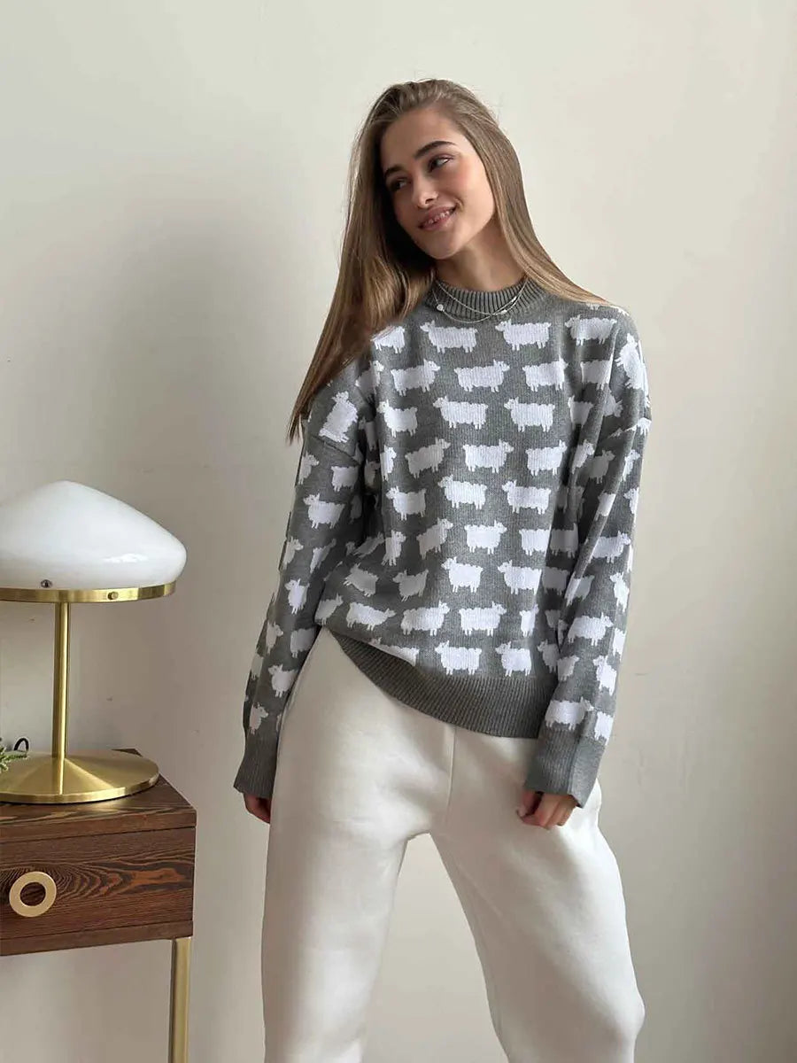 O-neck Alpaca Loose Casual Mid Length Printed Sweater