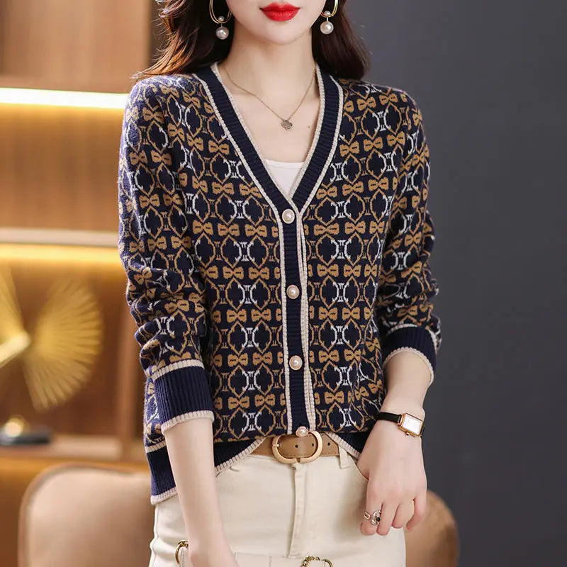 Vintage Elegant V-neck Jacquard Knitted Cardigan