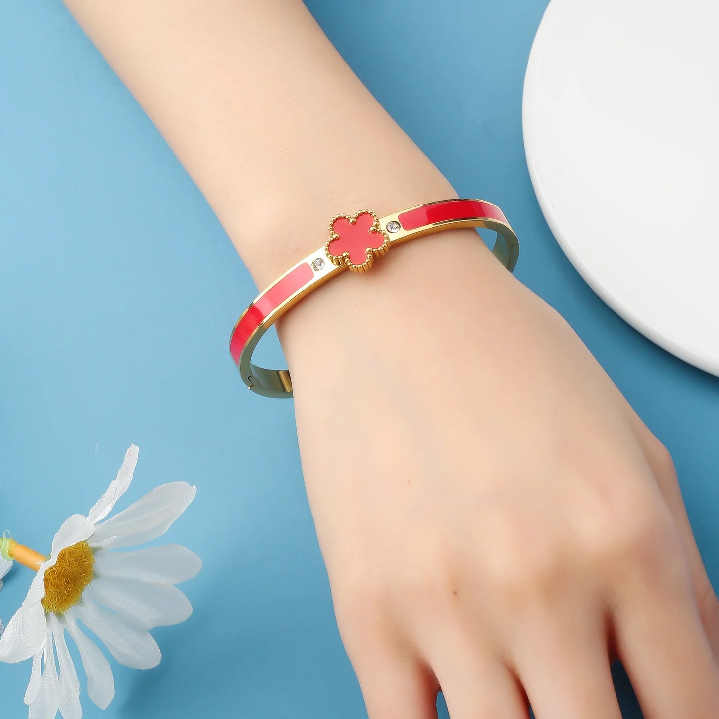 Five-Leaf Flower Open Bangle Bracelet