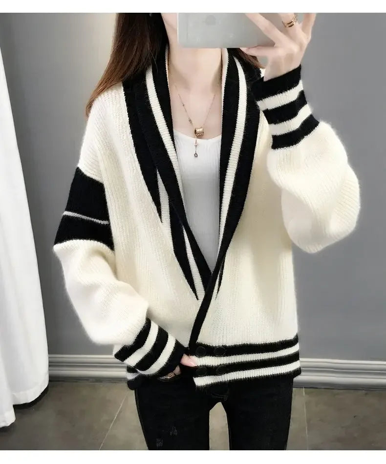 Striped Knitted  Cardigan Coat Long Sleeve Sweater Jackets