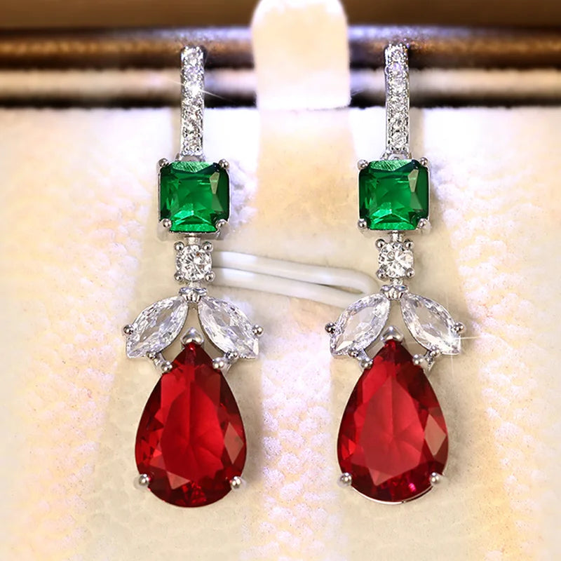 Dazzling Red/Green/White Zirconia Pendant Earrings