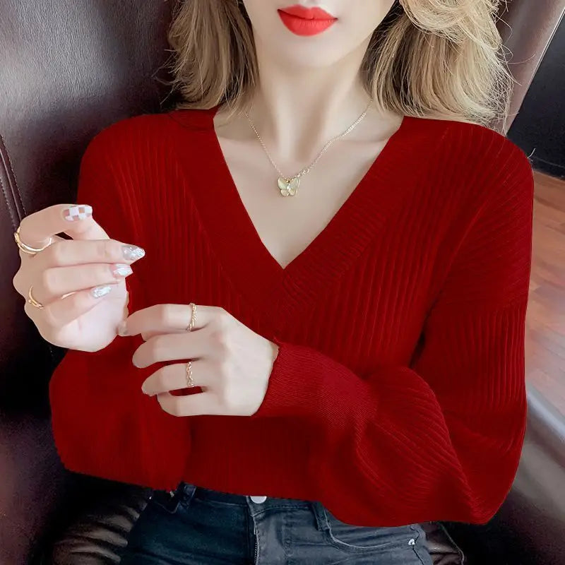 Vibrant Style Casual V-neck  Knit  Sweater Pullover