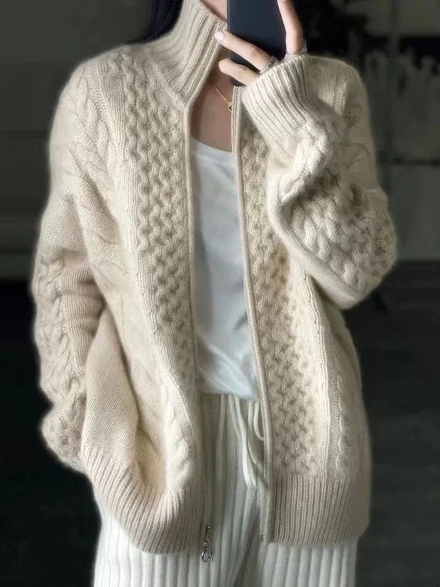 Luxurious High Neck Knit Wool Zippered Cardigan Sweater Jacket