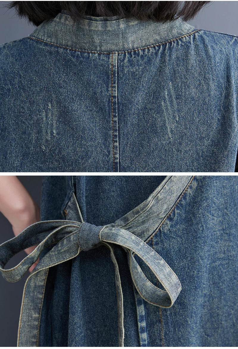 Classic Leisure Fashion Loose Belt Sleeveless Denim Dresses