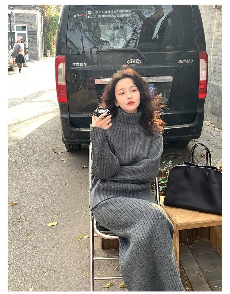 French Trendy Retro Two-piece Set with High Neck Sweater Knitted Top