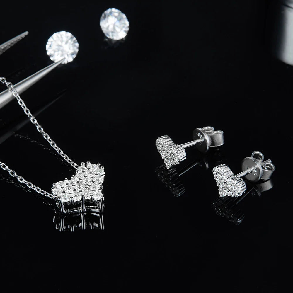 Sterling Silver Heart Shaped Pendant & Earring Moissanite Lab Diamonds Set