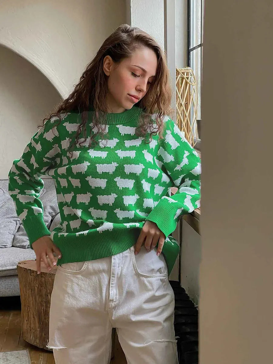 O-neck Alpaca Loose Casual Mid Length Printed Sweater