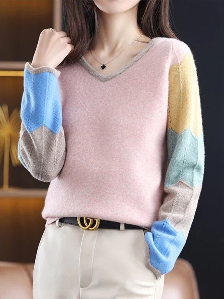 Artist Style  Patchwork V Neck Knitted Sweater Tops