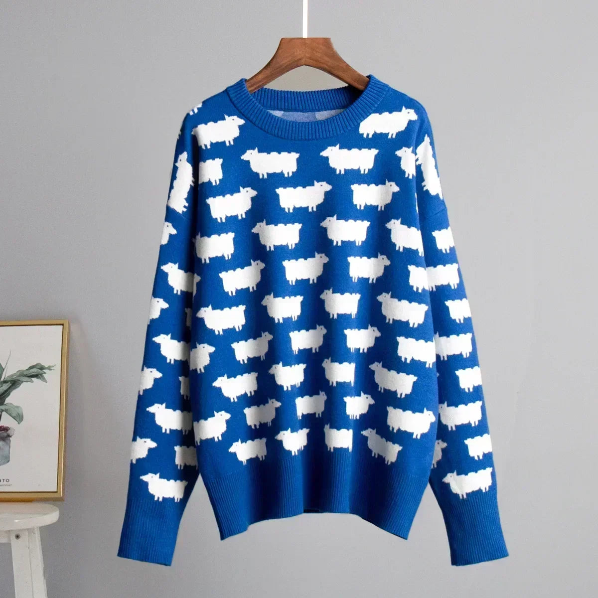 O-neck Alpaca Loose Casual Mid Length Printed Sweater