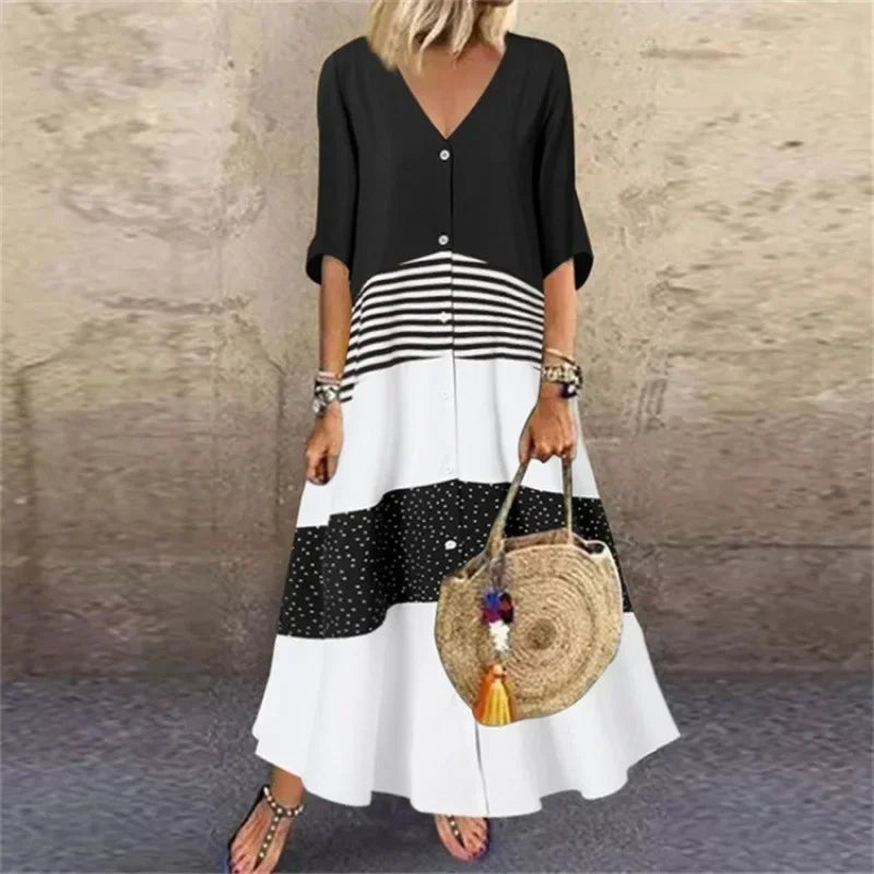 Short Sleeve V-neck Button Up Dress