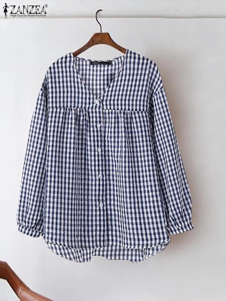 Vintage Plaid Checked  V-Neck Shirt with Long Sleeves