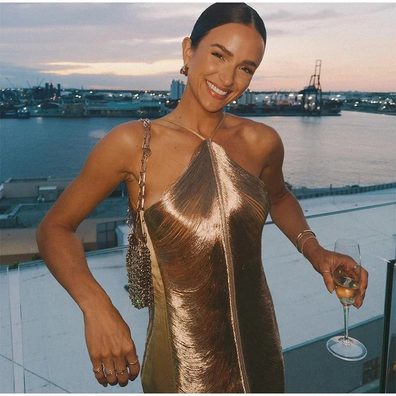 Shiny Tassels Halter Off Shoulder Sleeveless Slim  Mini Dress