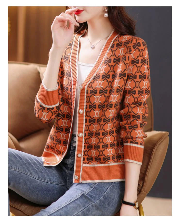 Vintage Elegant V-neck Jacquard Knitted Cardigan