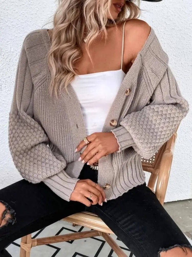 Khaki  V-neck Knit Button Sweater Cardigan Coat