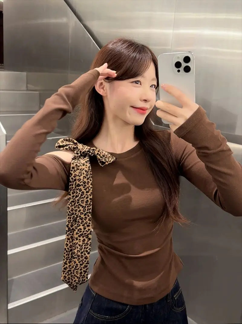 Coffee Leopard  Round Neck Long Sleeve Slim Top