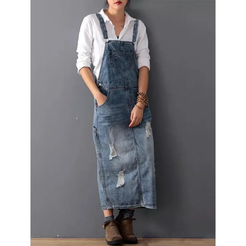 Denim Sleeveless Strap Straight Long Skirt.