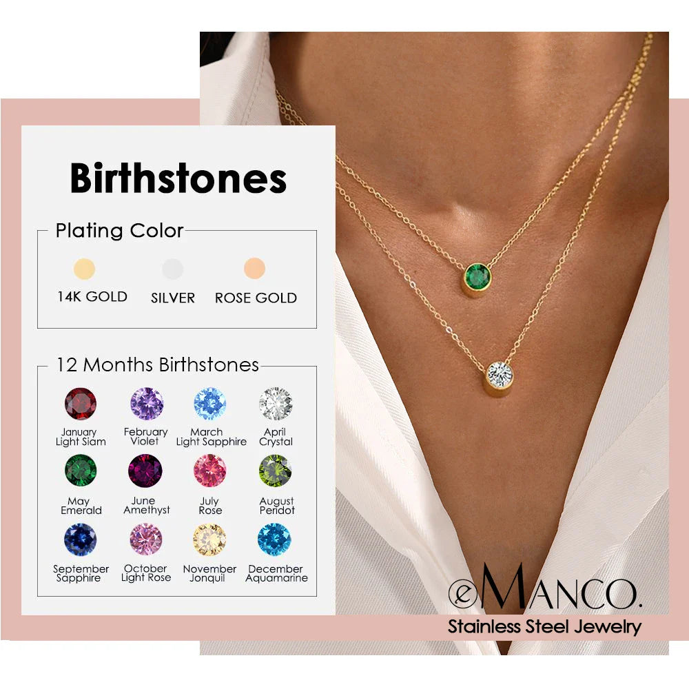 Classic Round Birthstone Necklace in Silver, Gold, Rose Gold.