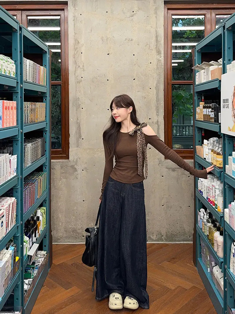 Coffee Leopard  Round Neck Long Sleeve Slim Top