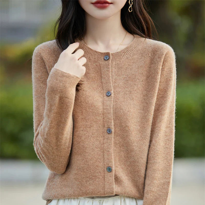 Soft Wool Cashmere Blend Knitted Round Neck Cardigan