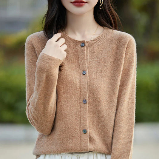 Soft Wool Cashmere Blend Knitted Round Neck Cardigan