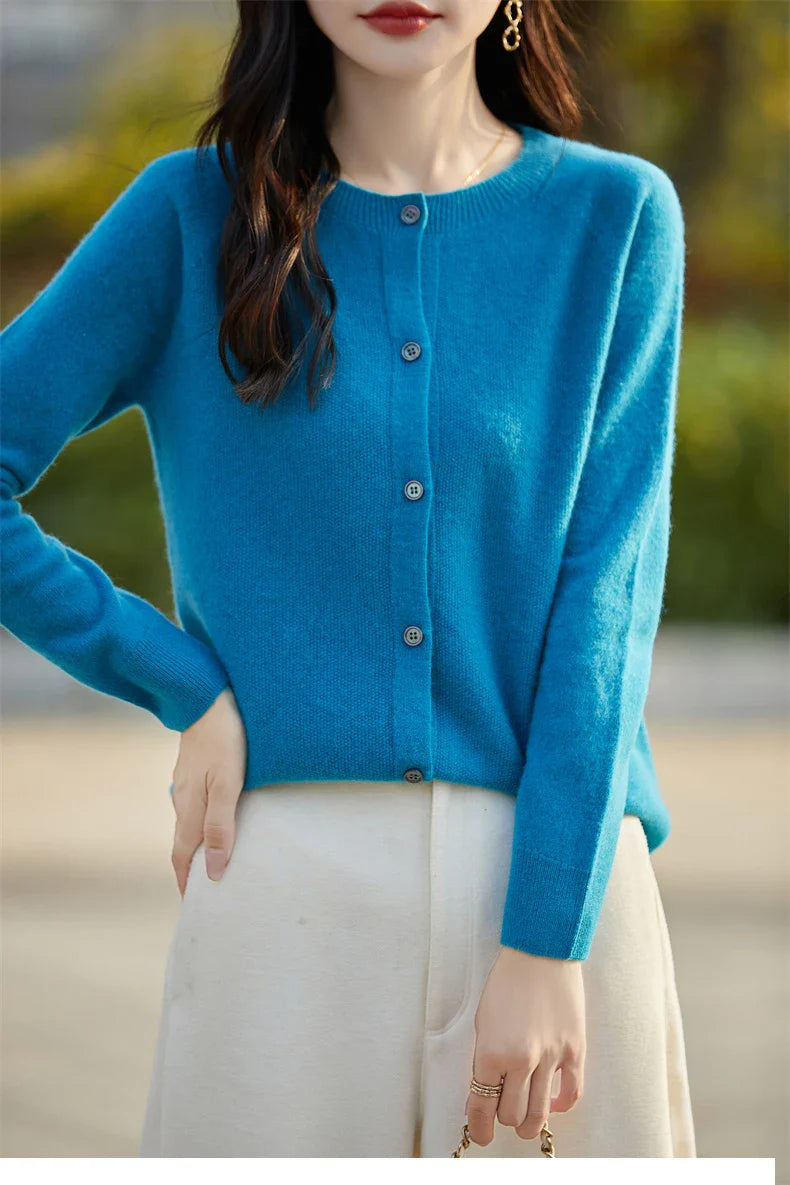 Soft Wool Cashmere Blend Knitted Round Neck Cardigan