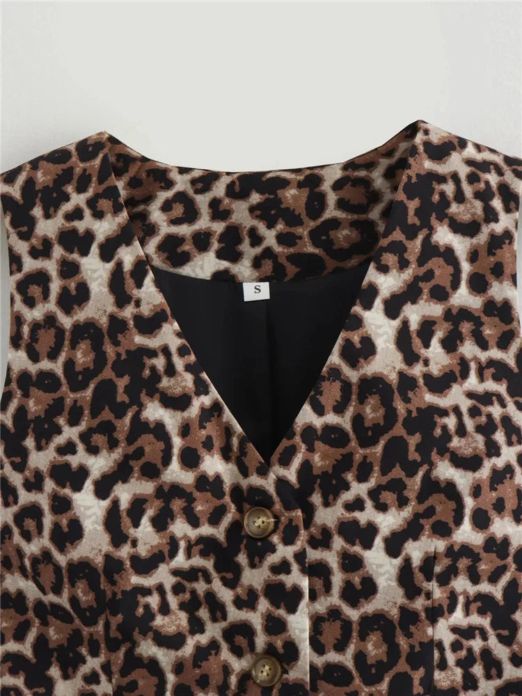 Chic Vintage Leopard Print  Sleeveless  V-Neck Slim Short Vest