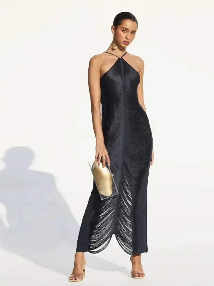 Tassel Back Slit Halter Off Shoulder Long Dress