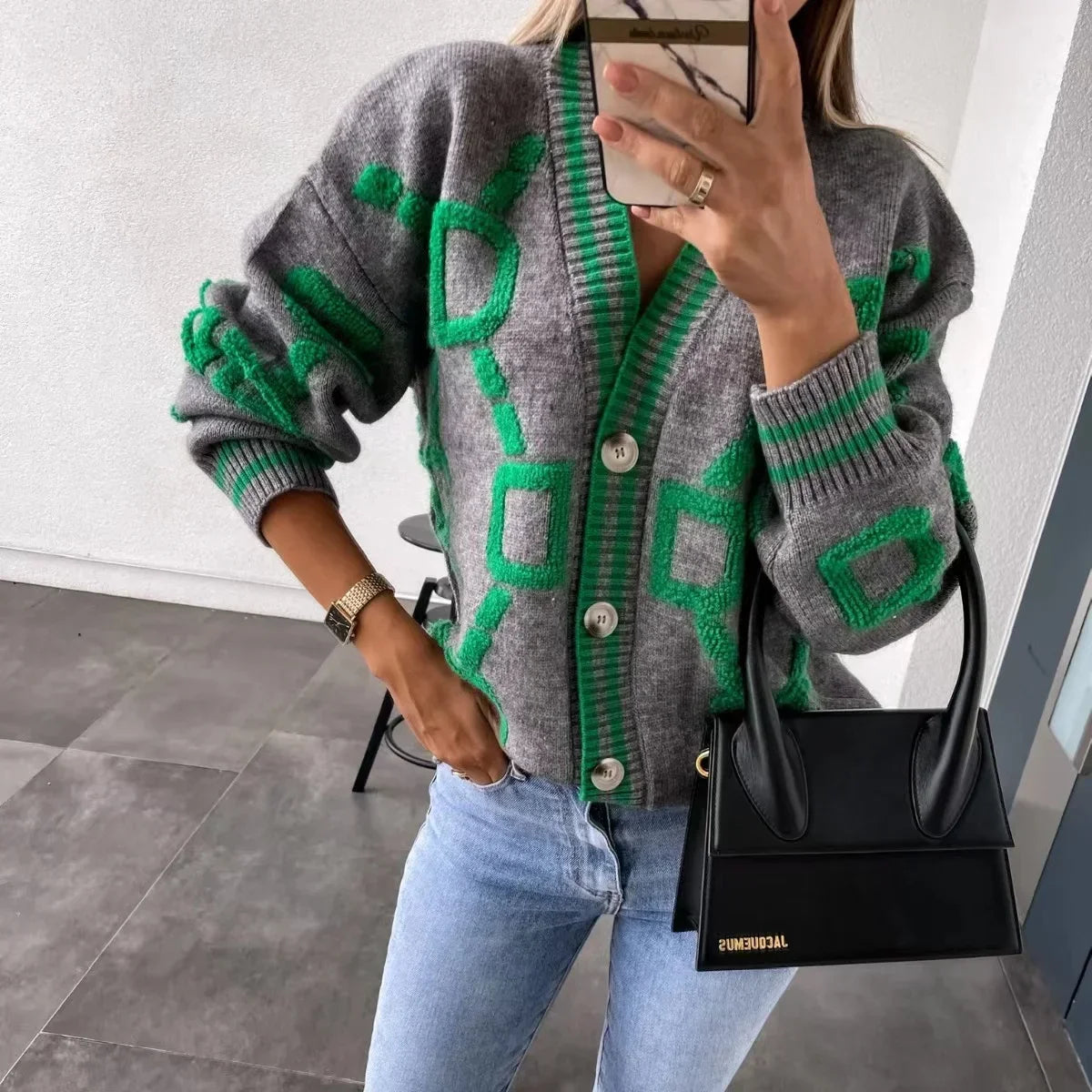 England Style  Casual Print  V-Neck  Knitted Cardigan with Long Sleeve