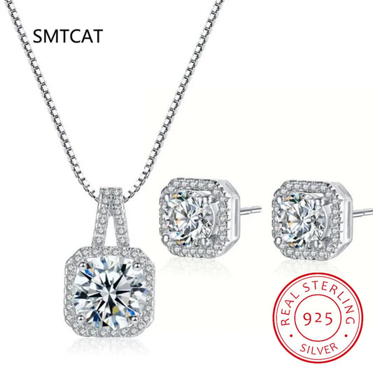 Square Cut Moissanite Diamond Jewelry Set - Necklace & Earrings
