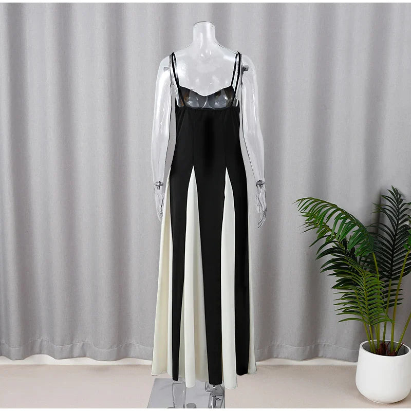 Elegant Black White Contrasting  Sling Backless Sleeveless High Waist Max Dress