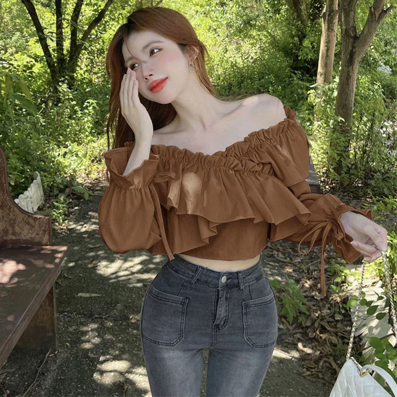 Ruffles Patchwork V-Neck Crop Tops Blouse  with Long Sleeve