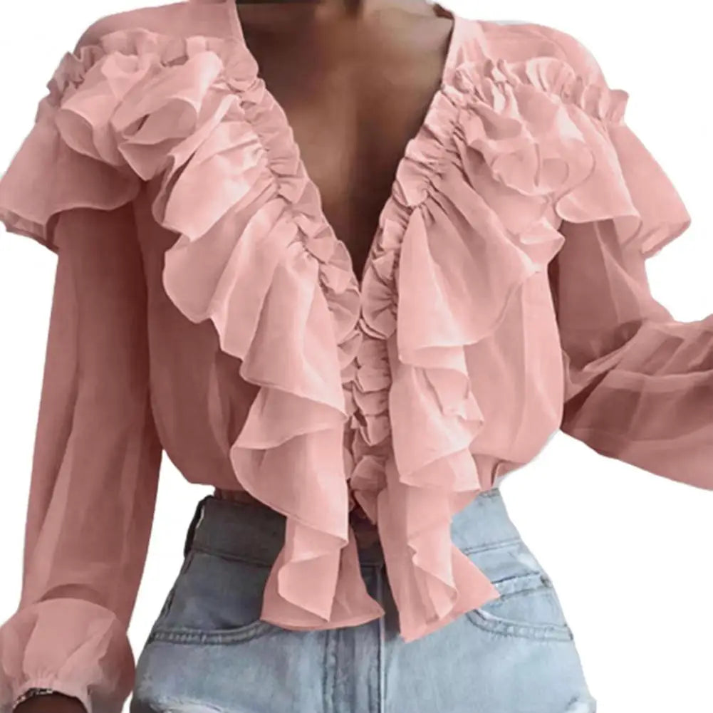 Love Ruffle Collar V-neck  Chiffon Shirt with Long Sleeve