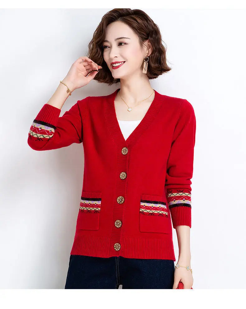 Folk Vintage Button V-Neck  Cardigans with Long Sleeves and Pockets