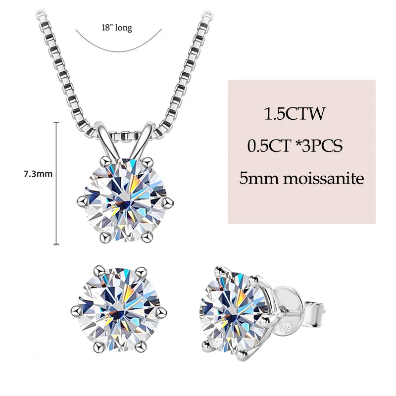 Sterling Silver and AAA Moissanite Diamond Solitaire Pendant Necklace & Earrings Set
