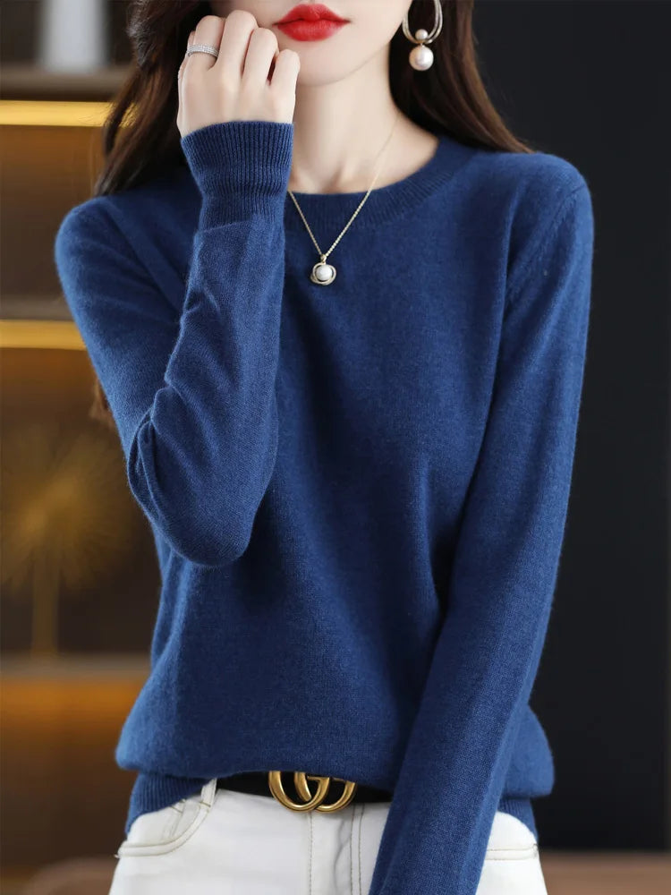 Classic Style Cashmere Round Neck Pullover with  Long Sleeve