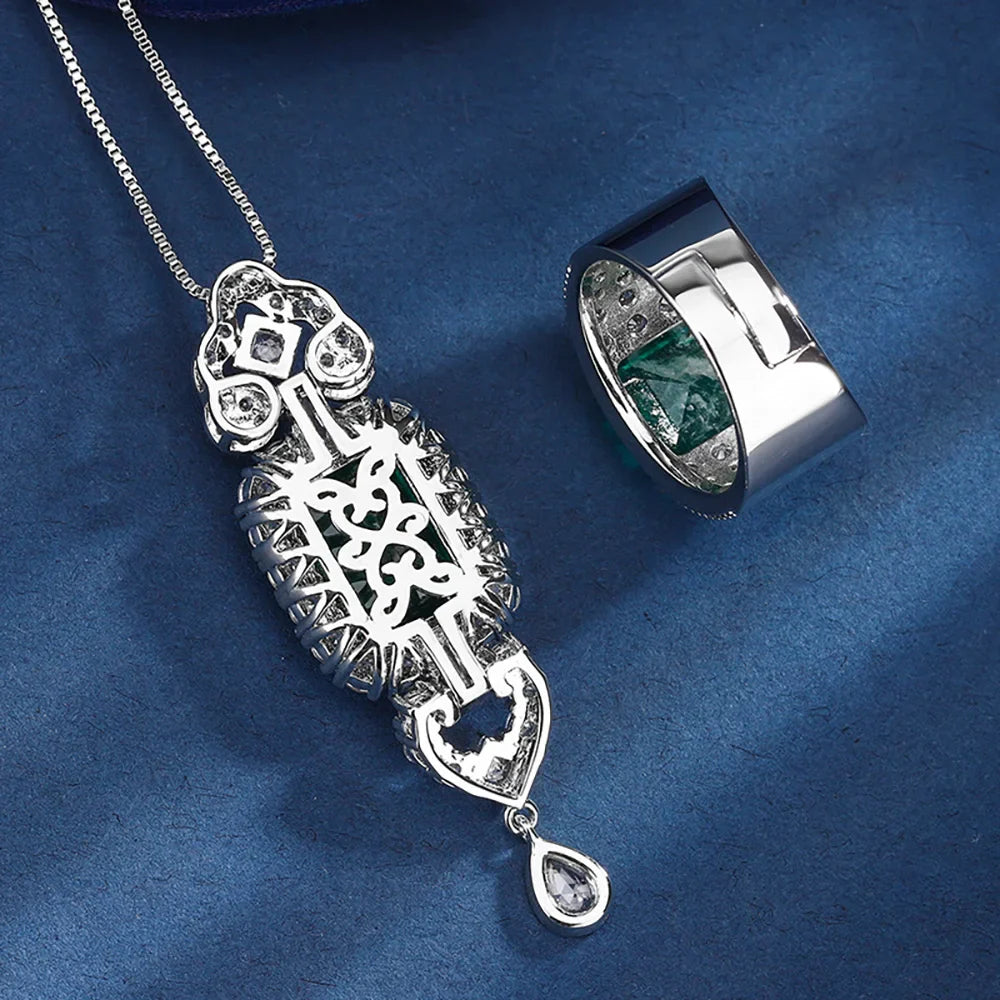 Vintage Emerald Gemstone Pendant Necklace & Ring Jewelry Set