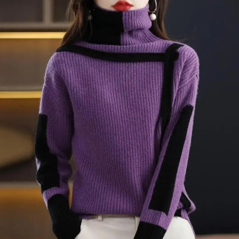 Patchwork Art Design Knit Sweater with High-Collar& Raglan Sleeve