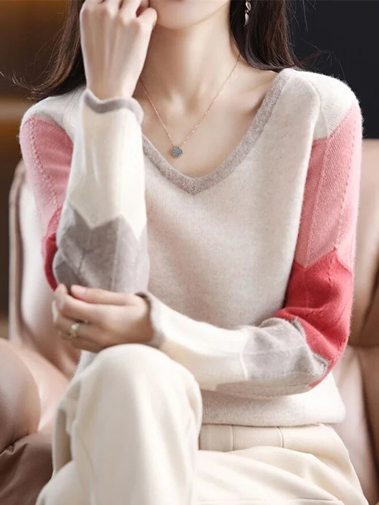 Artist Style  Patchwork V Neck Knitted Sweater Tops
