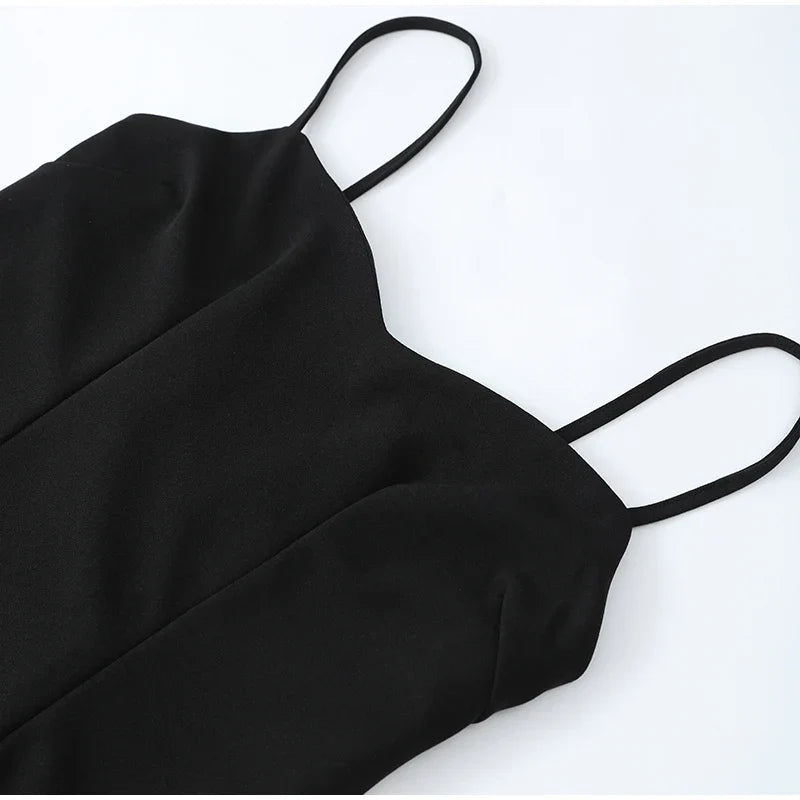 Elegant Black White Contrasting  Sling Backless Sleeveless High Waist Max Dress