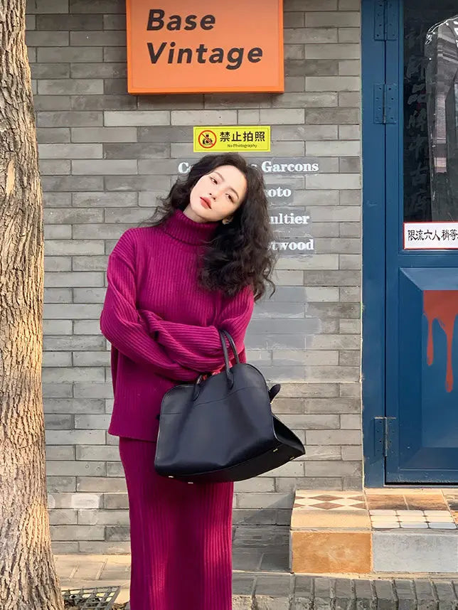 French Trendy Retro Two-piece Set with High Neck Sweater Knitted Top