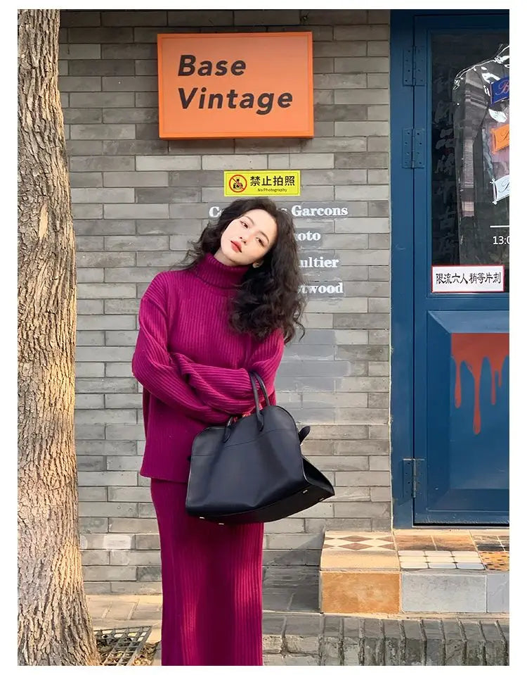 French Trendy Retro Two-piece Set with High Neck Sweater Knitted Top