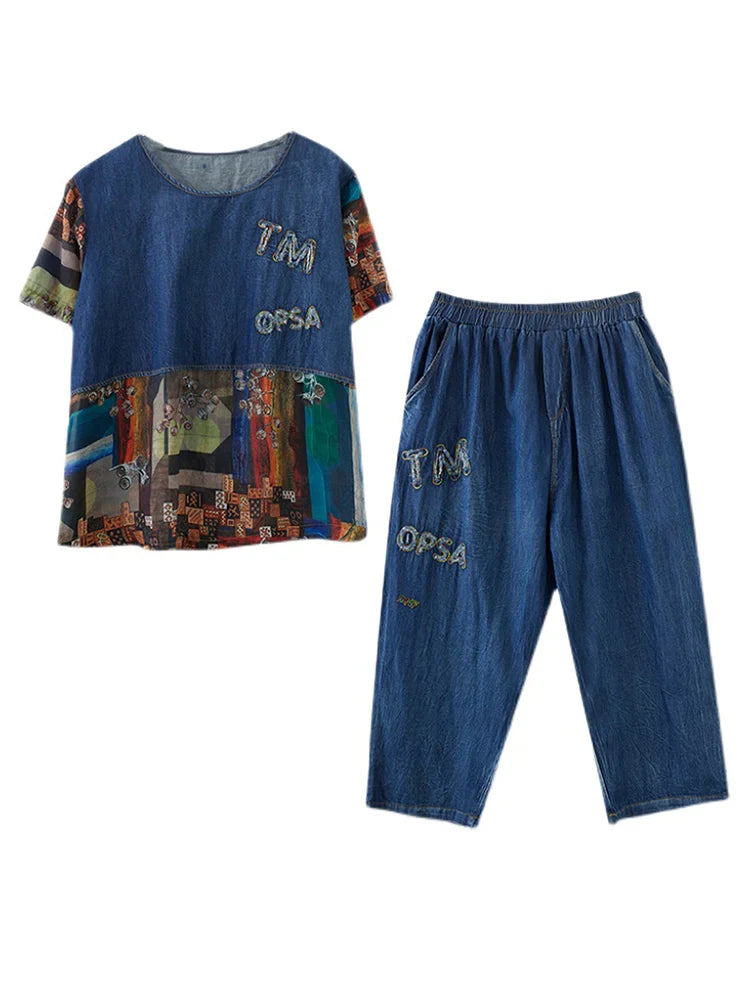 Denim Vintage Spliced Print 2 Two Piece Set