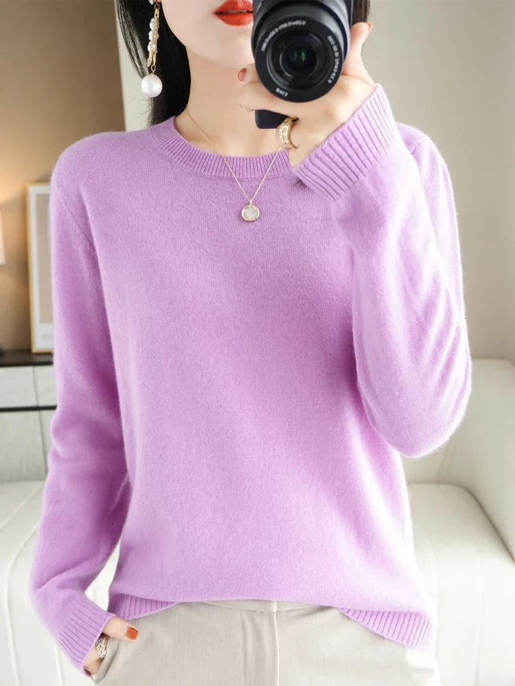 Classic Style Cashmere Round Neck Pullover with  Long Sleeve