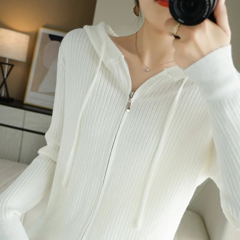 Buttery Soft 100% Pure Merino Wool Knitted  Zipper Hooded Cardigan