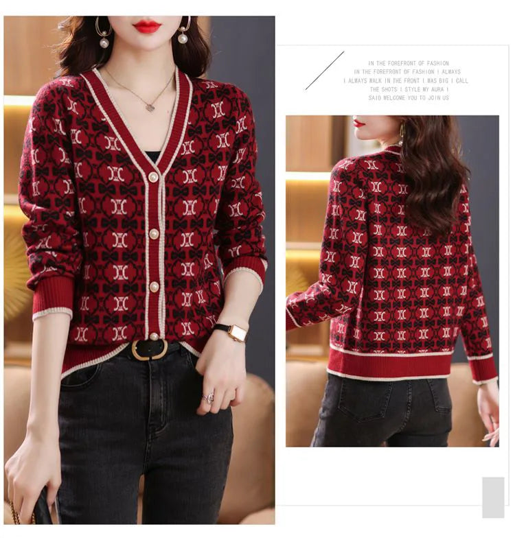 Vintage Elegant V-neck Jacquard Knitted Cardigan
