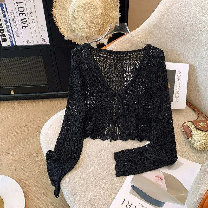 Casual Comfort Crochet  Short Top  Knitted Cardigan with Long Sleeves
