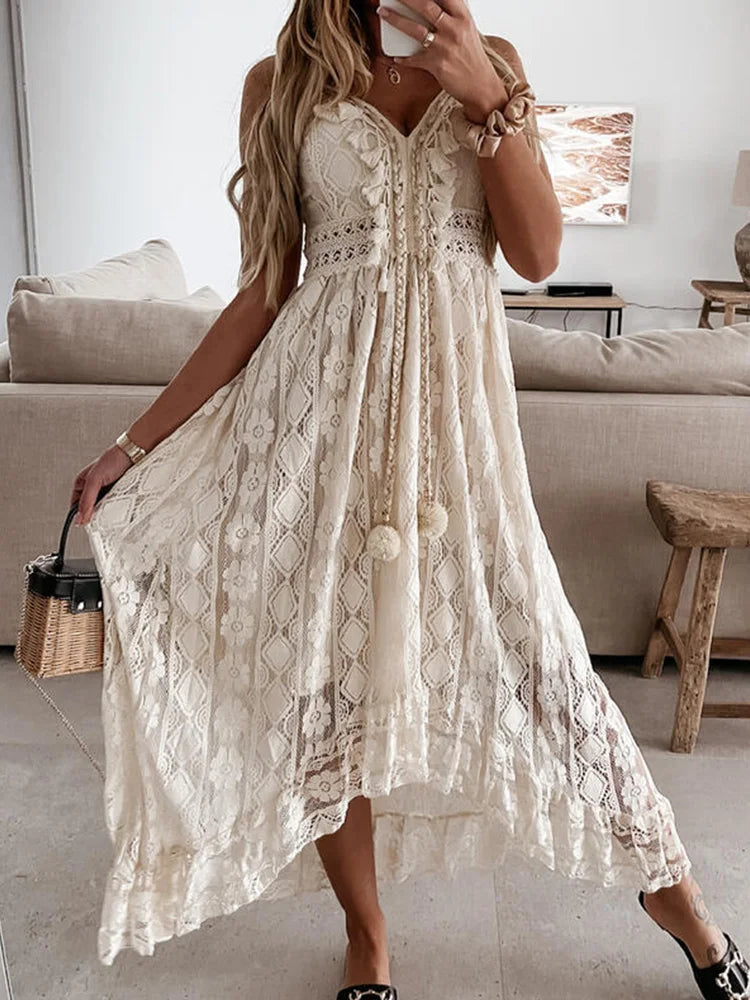 Boho White Beige Lace V Neck Dress