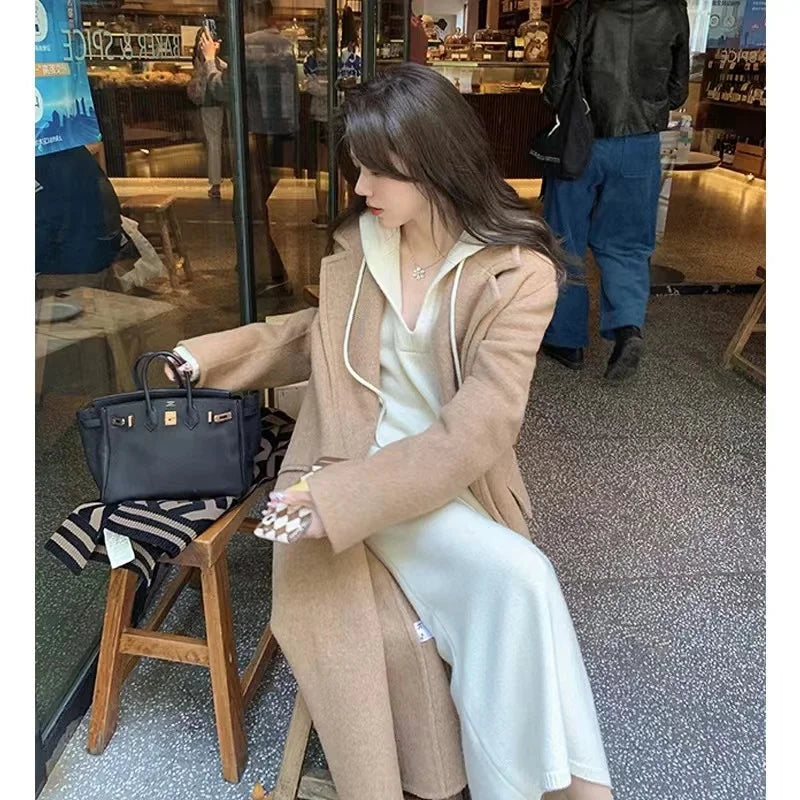 Casual Elegant  2-Piece Knitted Hoodies Outfit with Sweater Blouses Tops and Skirt- One Size